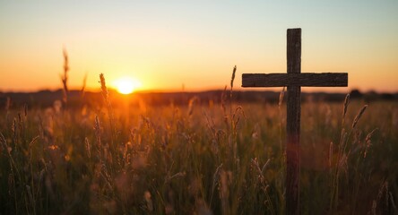Obraz premium Sunset meadow glowing with soft bokeh and a rustic cross