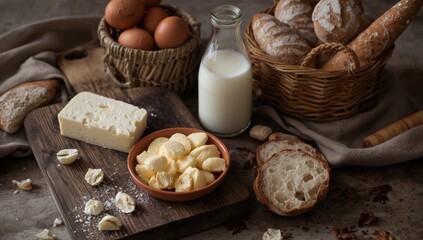 Fototapeta premium Rustic styled dairy selection featuring soft cheese in clay dish and milk on dark boards with eggs and bread plus copy space