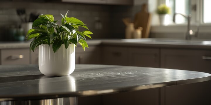 Contemporary kitchen scene with a healthy green clusia plant inside a ceramic pot on a metal dining table