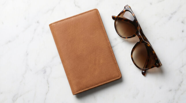 Blank brown leather passport holder or notebook mockup with tortoiseshell sunglasses on white marble background, top view