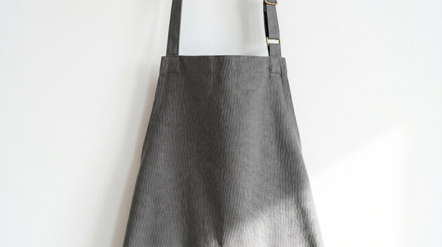 Blank dark grey linen apron mockup hanging against a white wall background