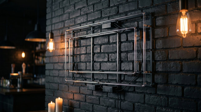 Blank rectangular glass neon sign mockup turned off on a dark brick wall in a bar interior