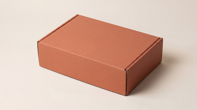 Blank terracotta cardboard mailer box mockup on beige background, isometric view