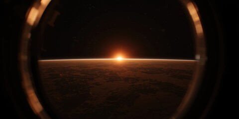 Obraz premium Spectacular planetary dawn observed from a spacecraft with sun rising over surface