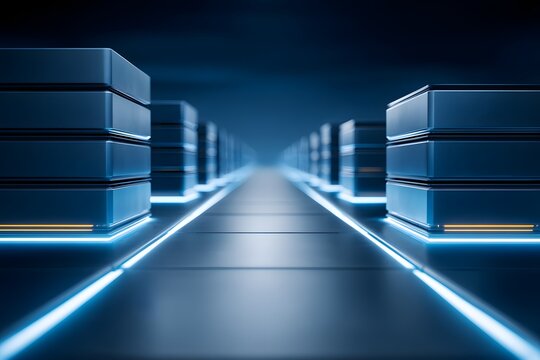 Futuristic data center with glowing server racks representing advanced network technology and digital information processing
