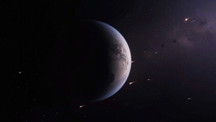 Obraz premium Planetary and satellite illustration in deep space with craters, stars, and passing comets