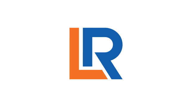 Minimalist vector graphic illustration featuring the bold orange and blue interconnected capital letters L and R