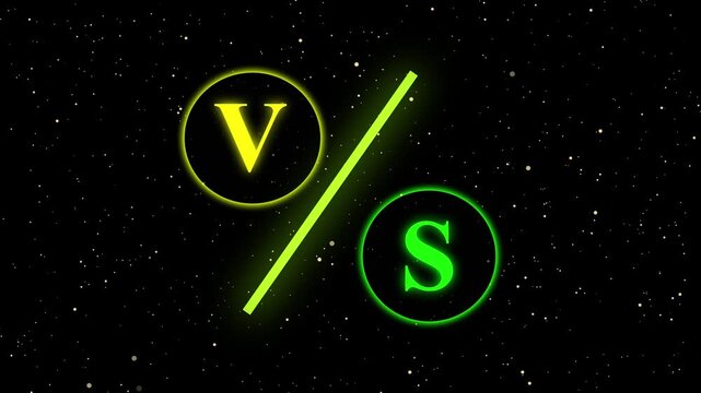 Neon VS text animation in glowing squares, versus screen element for gaming and battle videos on black background. eon gaming duel intro with glowing frame effects