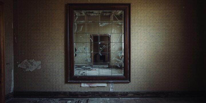 Old abandoned building interior displaying shattered mirror and wood framing