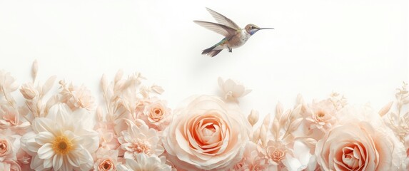 Fototapeta premium Linear hummingbird silhouette gliding above floral design on bright white backdrop