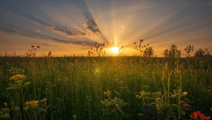 Obraz premium Radiant sunset beams shining down on wildflower meadow
