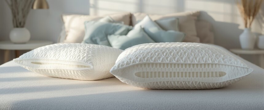 King size gel memory foam pillows resting on bed with open foam filling revealing adjustable thickness design