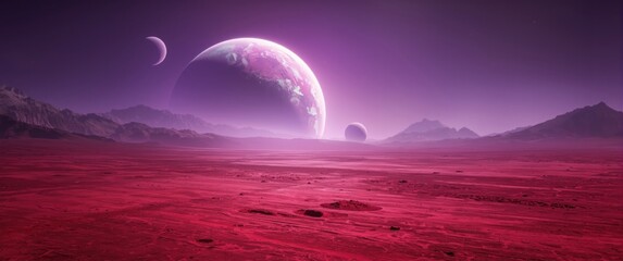 Obraz premium Video game inspired alien surface showing red soil and large planets beneath a purple sky