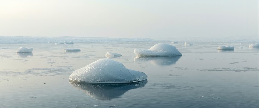 Serene winter scene with snow draped ice hummocks and isolated ice floes floating