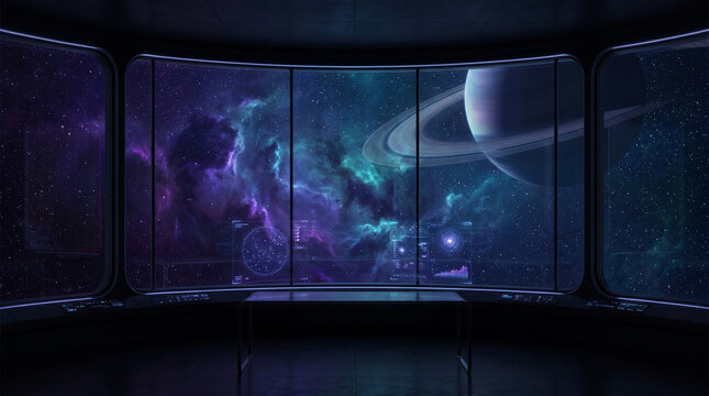 view from inside a futuristic observatory on an asteroid