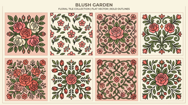 Decorative floral tile set featuring pink rose patterns with bold outlines in a flat vector style