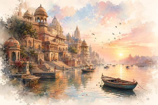 Beautiful watercolor painting showing peaceful river ghats with small boats floating during golden sunrise lighting celebrating the spiritual traditions of ganga dussehra and ganga puja