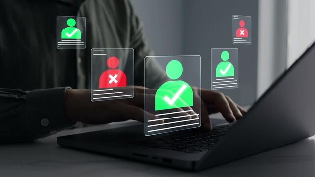Digital documents with check marks verified staff records and online HR management. Employee approval process management.	
