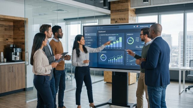 A diverse team of business professionals collaborating and analyzing data on a large interactive screen in a modern office environment.