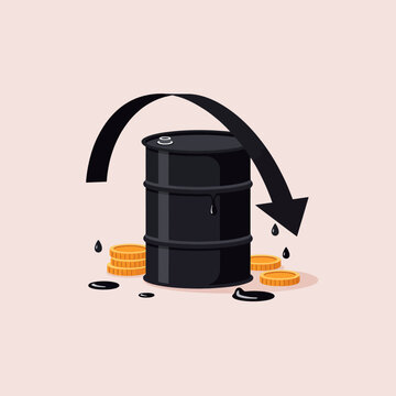 Oil barrel with a downward arrow and coins, representing a price drop