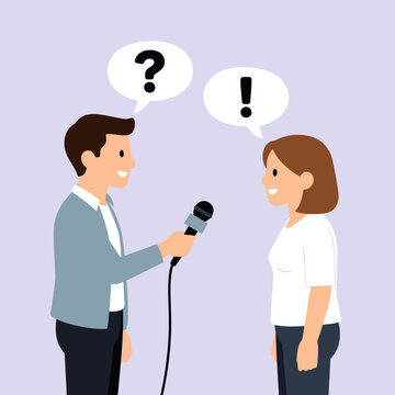 A person interviewing another person with question and exclamation marks