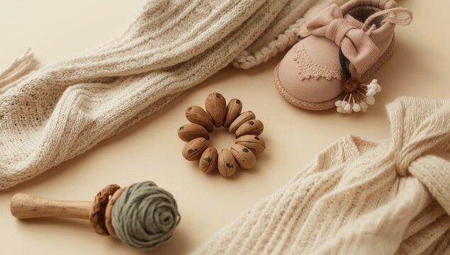 Minimalist neutral background with handmade organic infant gifts like teether shoes and rattle