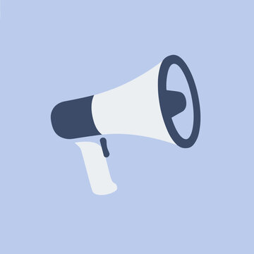 A simple illustration of a megaphone on a light blue background is shown