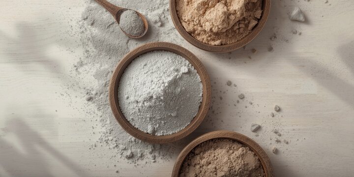 Powdered titanium dioxide gray pigment in rustic wooden bowls with wooden spoon showcasing industrial characteristics