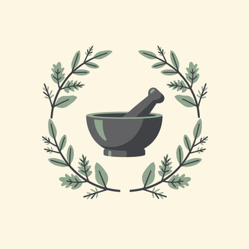 A mortar and pestle surrounded by leaves on a light beige background