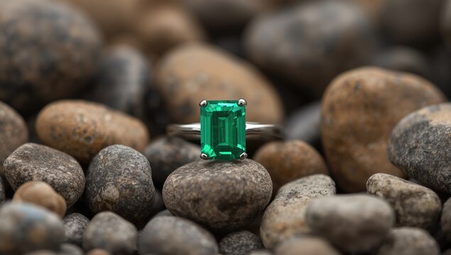 Radiant emerald cut engagement ring surrounded by natural rock elements