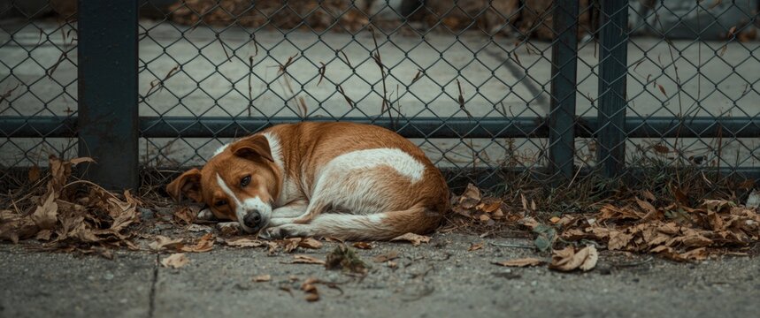 Unattended stray dog curled up beside a metal fence