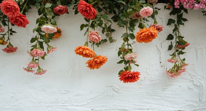 Close up of white wall decorated with colorful blooming flowers and fresh green foliage