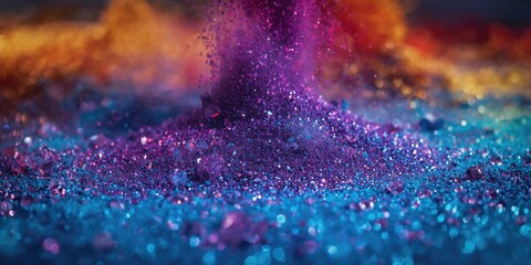 Obraz premium Shimmering metallic sand particle ink spill texture in blurred colorful backdrop