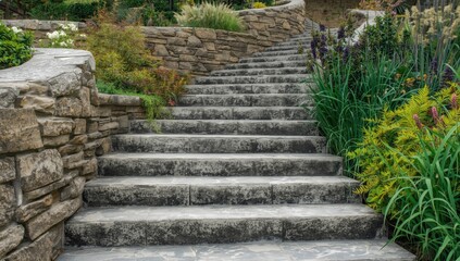 Obraz premium Stone stair design featuring diverse landscaping plants