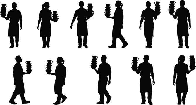 Silhouettes set of waiters and cafe staff in aprons walking and carrying tall stacks of coffee cups, concept of hospitality business services