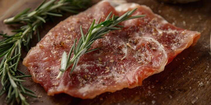 Italian raw ham prosciutto crudo seasoned with herbs including rosemary and olive