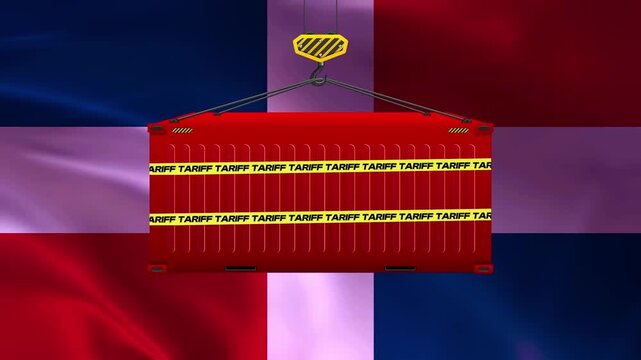 Import/Export Tariff Concept: A red cargo container, sealed with yellow tape marked TARIFF, is suspended by a crane against a backdrop of a national flag.