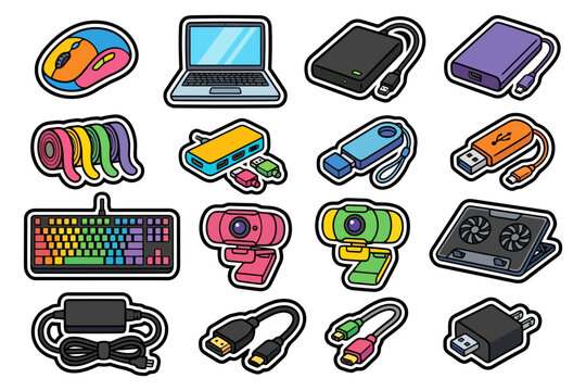 Colorful tech gadgets: laptop, webcam, mouse, usb hub, cooling pad, and cables.