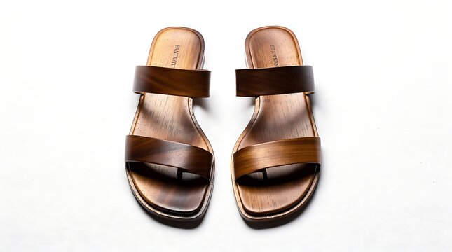 Brown leather strappy flat sandals on white background