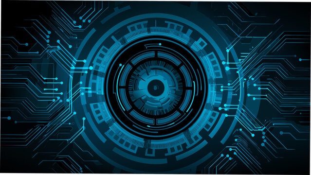 Central Mechanical Lens Surrounded By Circuitry Vector Illustration