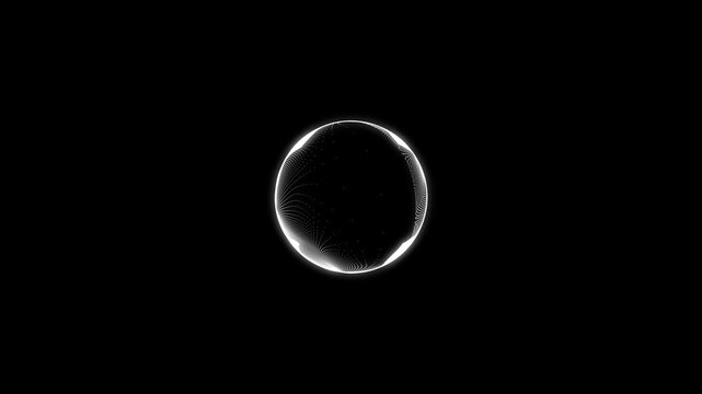Neon white circular audio visualizer animation on black background, glowing spectrum ring reacting to music beats with futuristic sound wave technology and seamless 4K motion.