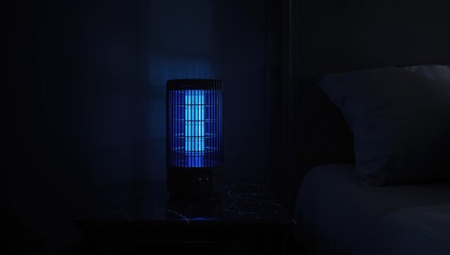 Mosquito zapper with bright blue light on black stone table in dark bedroom