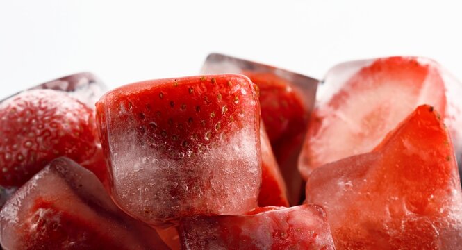 Frozen strawberries in ice cubes with melting water and reflections