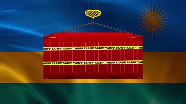 Rwanda's Import Tariff Barrier: A red shipping container, sealed with tape marked TARIFF, is lifted by a crane against the backdrop of the Rwandan flag, symbolizing trade restrictions.
