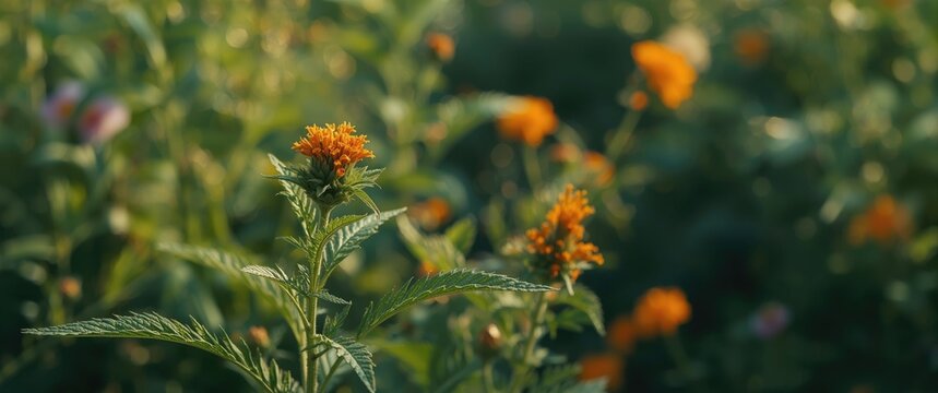 Nature day view of wild Inula helenium medicinal herb with floral blooms and lush summer foliage