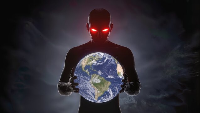 Sinister figure with glowing red eyes holding planet Earth in hands. Dark conceptual depiction of global threat and malevolent power.