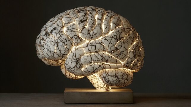 psychological. A cracked marble brain sculpture with fading internal light on a dark background. wellbeing guides, coaching materials, designed for coaching and self-improvement content.