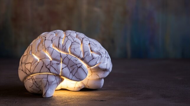 psychological. A cracked marble brain sculpture with fading internal light on a dark background. wellbeing guides, coaching materials, designed for coaching and self-improvement content.