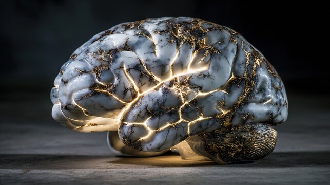 psychological. A cracked marble brain sculpture with fading internal light on a dark background. wellbeing guides, coaching materials, designed for coaching and self-improvement content.