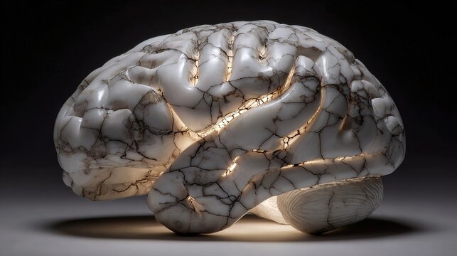 psychological. A cracked marble brain sculpture with fading internal light on a dark background. wellbeing guides, coaching materials, designed for coaching and self-improvement content.